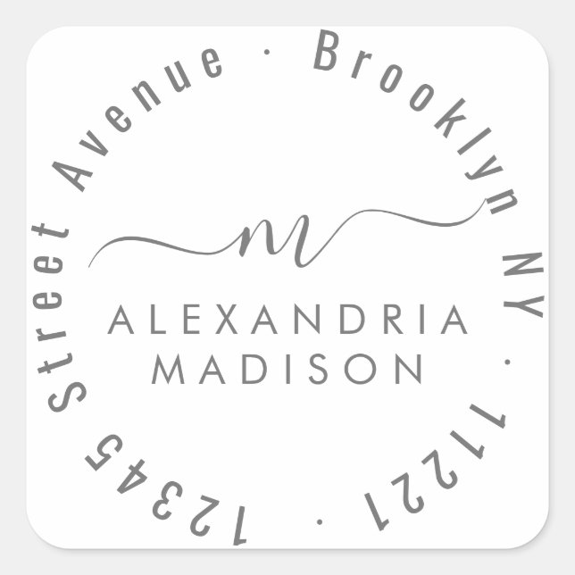 Modern Script Monogram  Address Silver Grey Square Sticker (Front)
