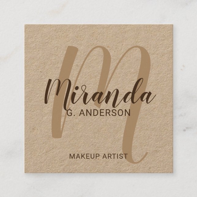 Modern Script Monogram and Name Kraft Paper Square Business Card (Front)