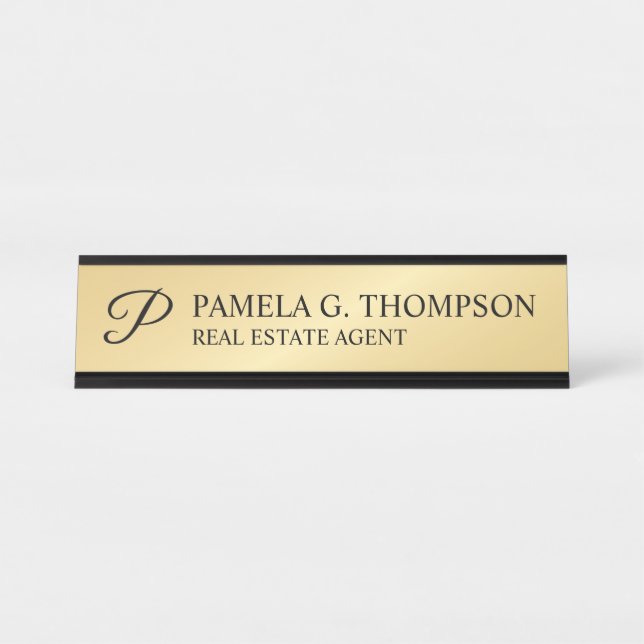 Modern Script Monogram Black and Gold Desk Name Plate (Front)