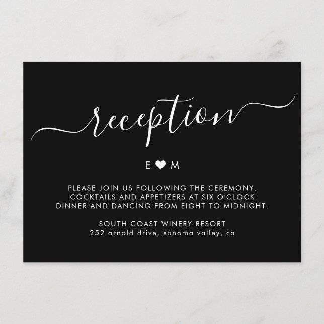 Modern Script Monogram Black Wedding Reception Enclosure Card (Front)