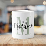 Modern Script Monogram Custom Jumbo Large Coffee Mug<br><div class="desc">Elegant, modern giant coffee mug with your custom name and monogram in a trendy hand lettered script calligraphy design in minimalist dusty light sage green and black, this large typography driven design makes a great gift for coworkers, teachers, coaches, girlfriends, boyfriends, wives, daughters, or any other work or family member!...</div>