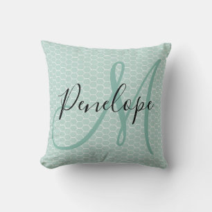 Modern Script Monogram Honeycomb Teal Cushion