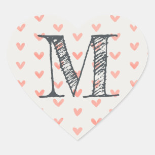 Modern Script Monogram Initial Coral Hearts Heart Sticker