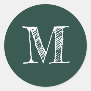 Modern Script Monogram Initial Dark Green Classic Round Sticker