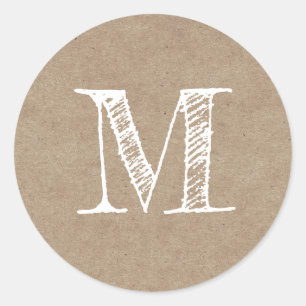 Modern Script Monogram Initial Kraft Classic Round Sticker