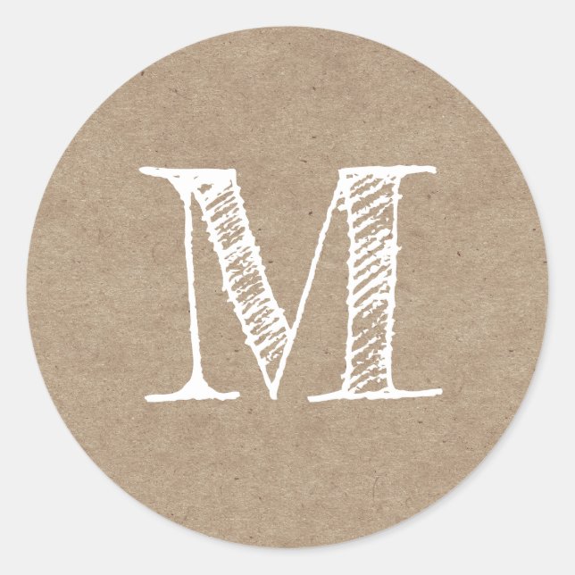 Modern Script Monogram Initial Kraft Classic Round Sticker (Front)