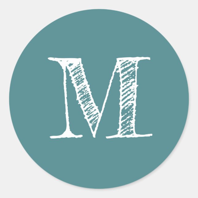 Modern Script Monogram Initial Teal Classic Round Sticker (Front)