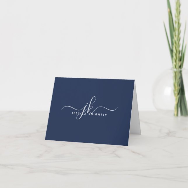 Modern Script Monogram Initials Navy Blue Note Card (Front)