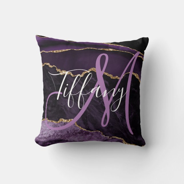 Modern Script Monogram Purple Agate Cushion (Front)
