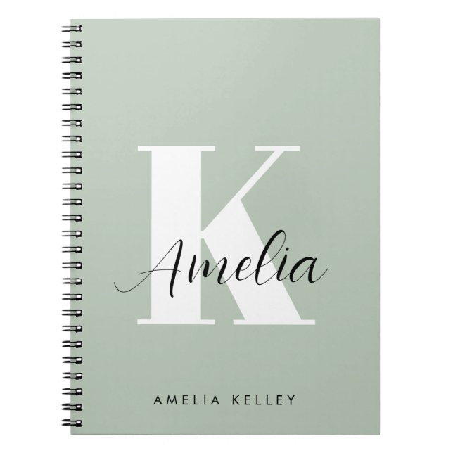 Modern Script Monogram Sage Green Notebook (Front)