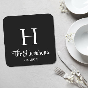 Modern Script Monogrammed Black Square Paper Coaster