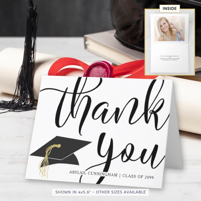 Modern Script Mortarboard Photo Graduation Thank You Card (Creator Uploaded)