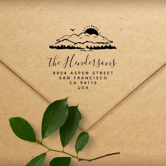 Modern Script Mountains Family Return Address Rubber Stamp (Creator Uploaded)