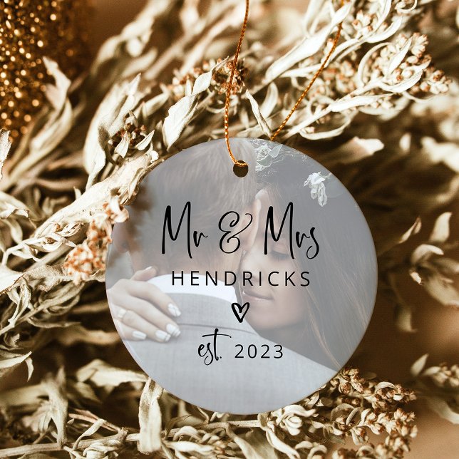 Modern Script | Mr and Mrs. Wedding Two Photo Ceramic Tree Decoration (A simple, modern two-photo Christmas ornament with a hand-drawn heart as a keepsake of your marriage)