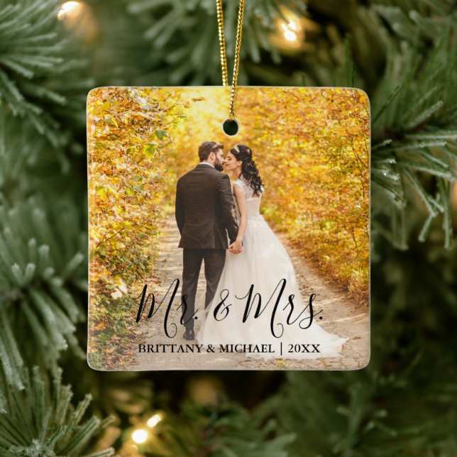 Modern Script Mr. & Mrs. Wedding Photo Ceramic Ornament (Tree)