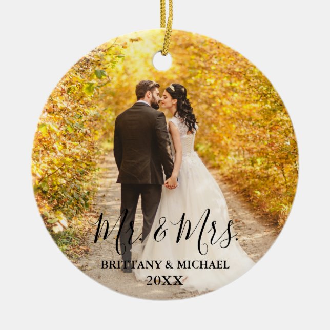 Modern Script Mr. & Mrs. Wedding Photo Round Ceramic Tree Decoration (Front)
