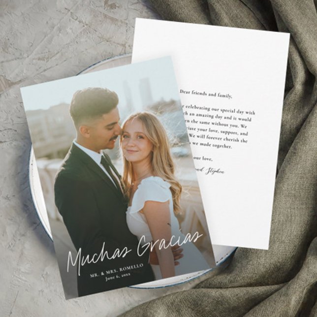 Modern Script Muchas Gracias Photo Wedding Thank You Card (Spanish Script Muchas Gracias Wedding Photo Thank You Card.)