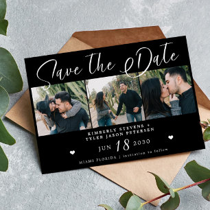 Modern script multi photo black wedding save the date