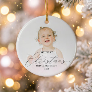 Modern Script My First Christmas Baby Photo Ceramic Tree Decoration