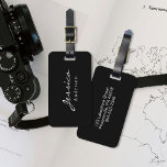Modern Script Name Address Luggage Tag<br><div class="desc">Introducing our personalised luggage tag – a stylish and practical accessory to enhance your travel experience. Designed with a sleek black background and crisp white text, this tag combines aesthetics and functionality seamlessly. The front of the tag proudly displays your name in script, ensuring your luggage stands out from the...</div>
