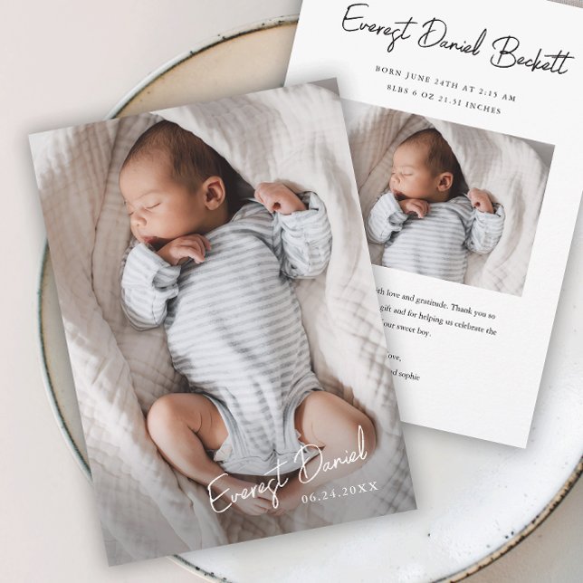 Modern Script Name Baby Photo Birth Announcements (Simple Script Baby Photo Brith Announcement Thank You Card.)