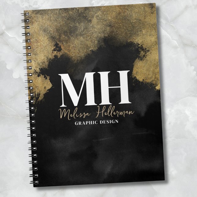 Modern Script Name Black Gold Monogram Notebook (Modern Script Name Initial Black Gold Monogram notebook)