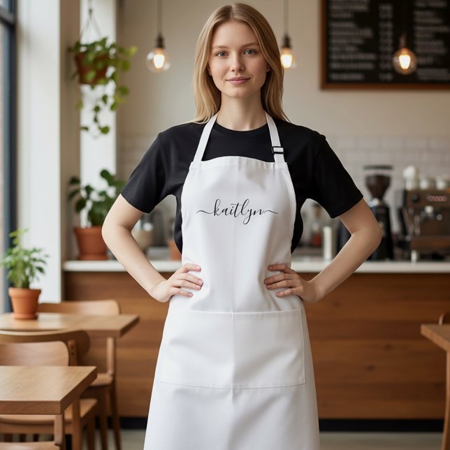 Modern Script Name Gift for her Personalized  Standard Apron (Custom name script white apron.)