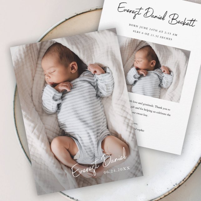 Modern Script Name Photo Baby  Thank You Card (Simple Script Photo Baby Thank You Cards.)