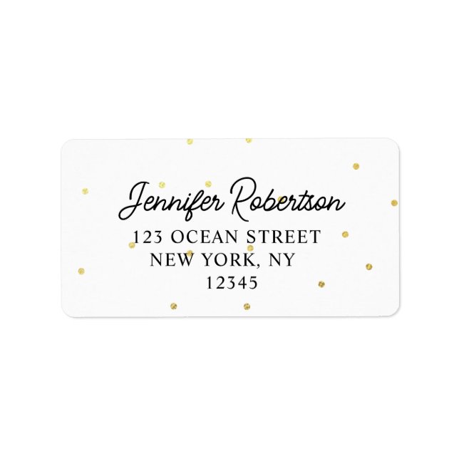 Modern Script Name White & Gold Dots Address Label (Front)
