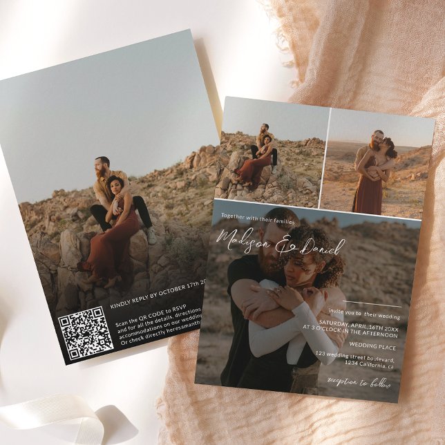Modern script names 4 photos qr code wedding invitation (Creator Uploaded)