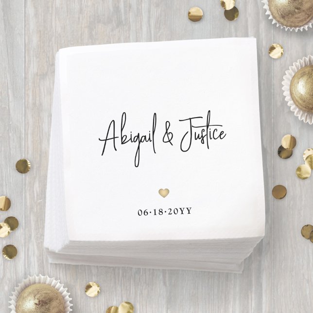 Modern Script Names and Simple Gold Heart Wedding Napkin (Creator Uploaded)