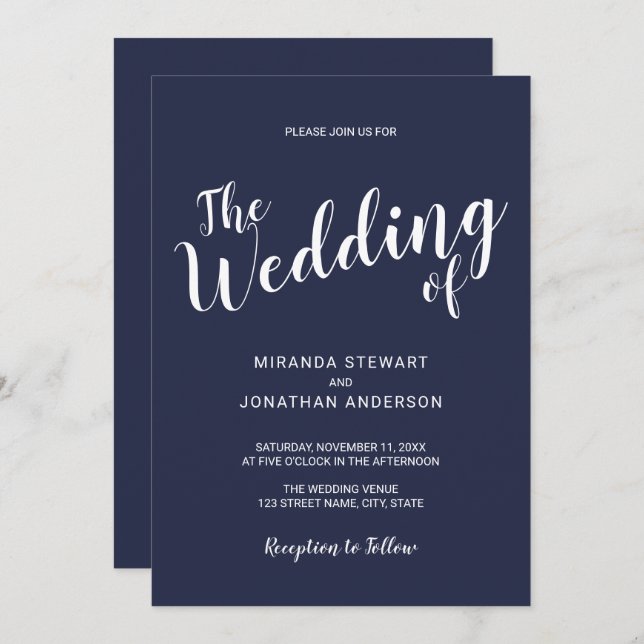 Modern Script Nautical Navy Blue Wedding Invitation (Front/Back)