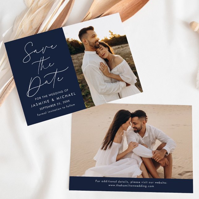 Modern Script Navy 2 Photo Save The Date (Creator Uploaded)