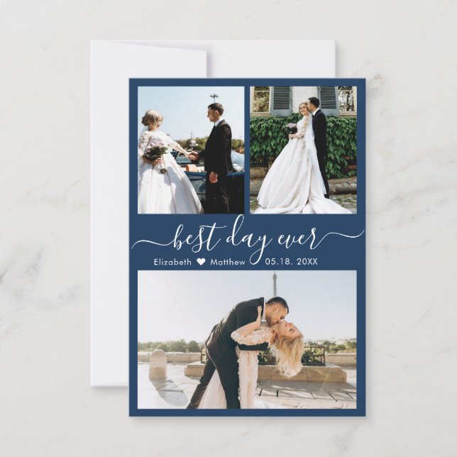 Modern Script Navy 3 Photo Collage Wedding Thank You Card (Front)