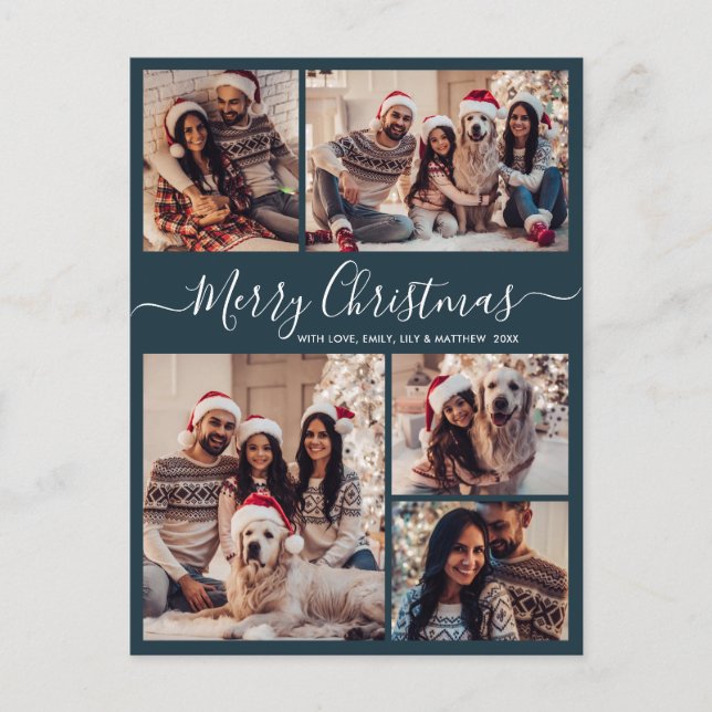 Modern Script Navy 5 Photo Collage Christmas  Postcard (Front)