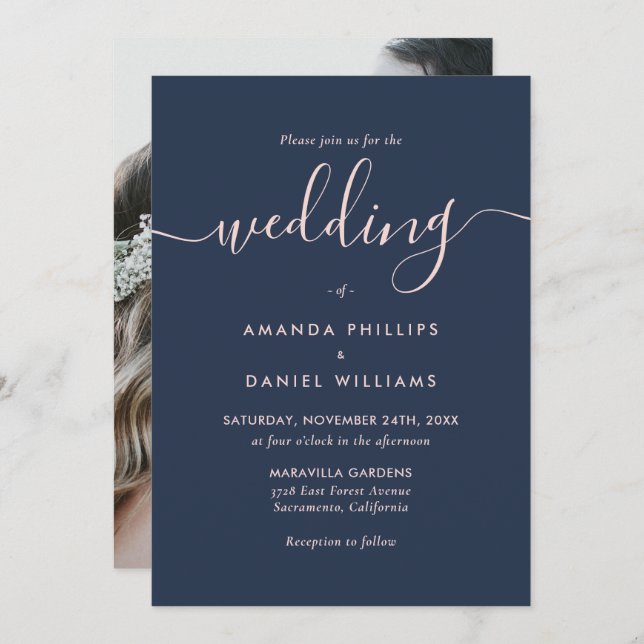 Modern Script Navy Blue and Blush Photo Wedding Invitation (Front/Back)