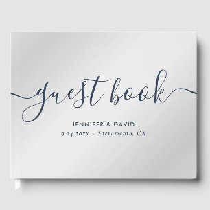 Modern Script Navy Blue and Silver Wedding Guest Book