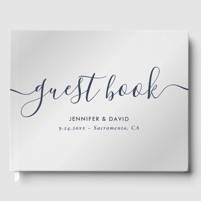 Modern Script Navy Blue and Silver Wedding Guest Book (Front)