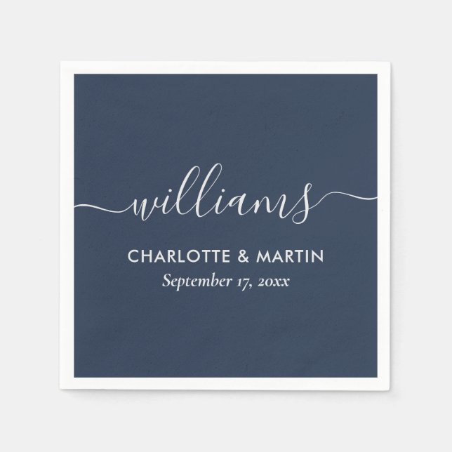 Modern Script Navy Blue and Silver Wedding Napkin (Front)