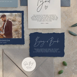 Modern script navy blue baby shower bring a book card