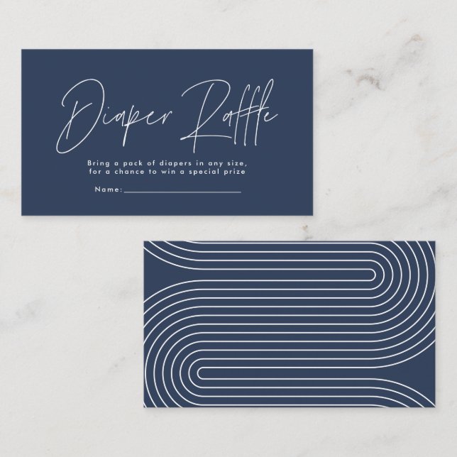 Modern script navy blue baby shower diaper raffle card (Front/Back)