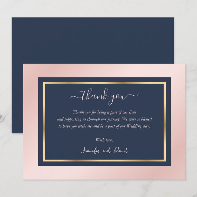Modern Script Navy Blue Blush Gold Thank You Card (Front/Back)