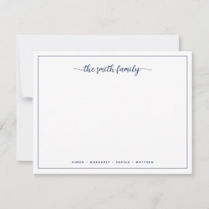 Modern Script Navy Blue Border Family Stationery Card
