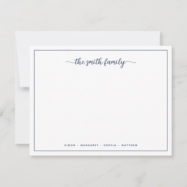Modern Script Navy Blue Border Family Stationery Card (Front)