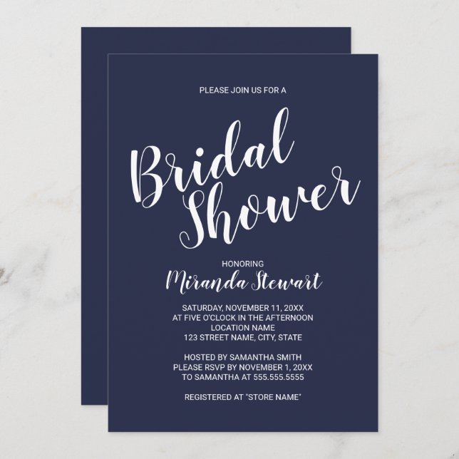 Modern Script Navy Blue Bridal Shower Invitation (Front/Back)