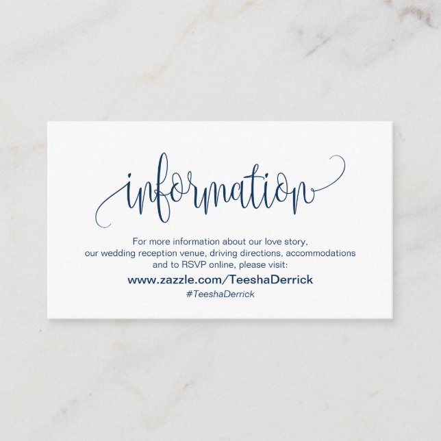 Modern Script, Navy Blue font, Our Wedding Details Enclosure Card (Front)