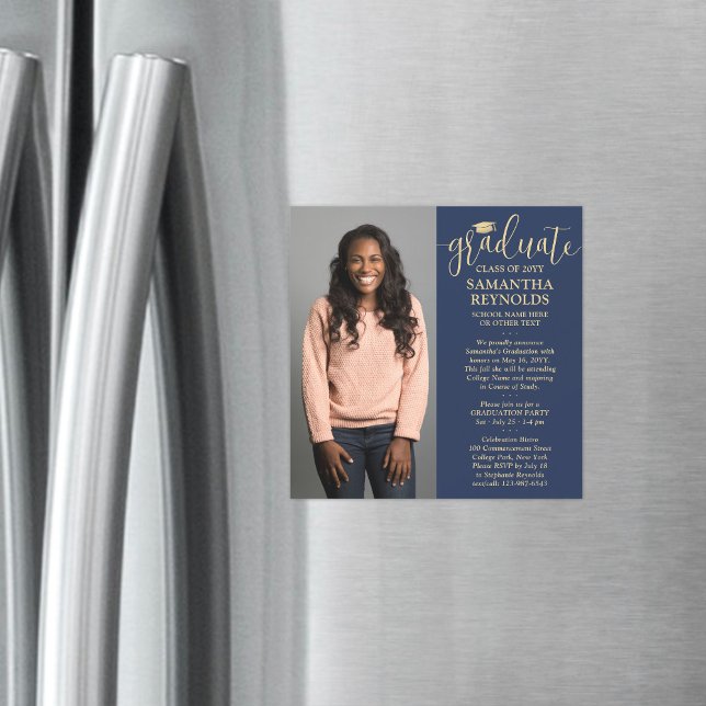 Modern Script Navy Blue & Gold 1 Photo Graduation Magnetic Invitation (Creator Uploaded)