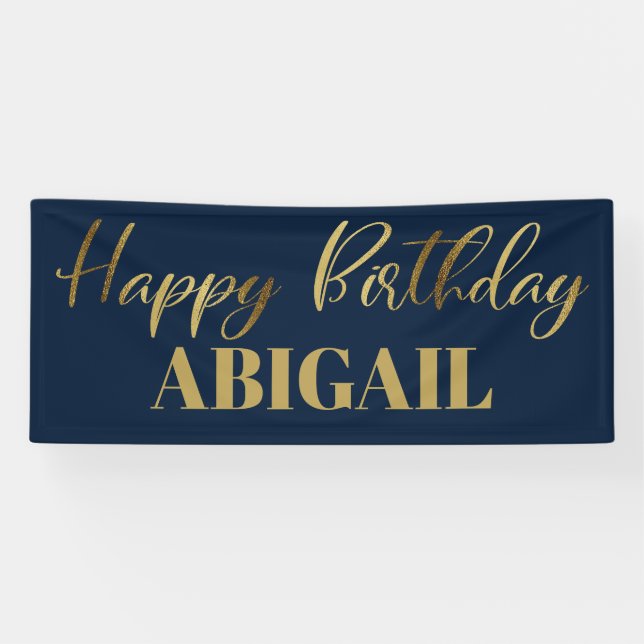 Modern Script Navy Blue Gold Happy Birthday Banner (Horizontal)