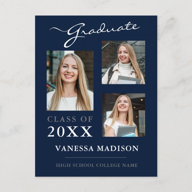 Modern Script Navy Blue Graduate Announcement Postcard (Front)