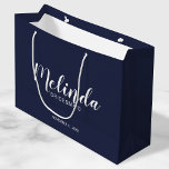 Modern Script Navy Blue Personalised Bridesmaids Large Gift Bag<br><div class="desc">Modern Script Navy Blue Personalised Bridesmaids Gift Bag
featuring personalised bridesmaid's name in white modern script font style with title and wedding date in modern sans serif font style on navy blue background.

Also perfect for Maid of Honour,  Flower Girl,  Mother of the Bride,  Groomsmen,  Best man and more.</div>